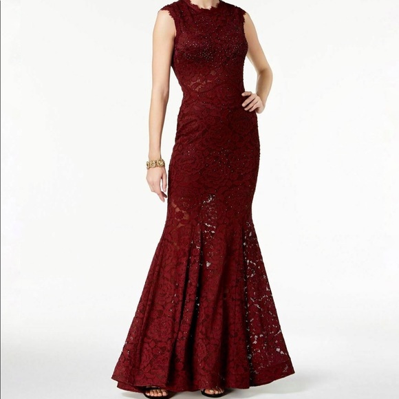 Betsy & Adam Wine Lace Mermaid Gown - Size 0